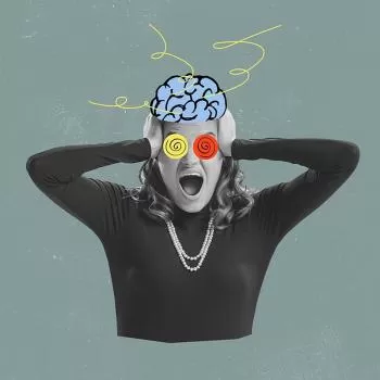 Frau mit ADHS und einer schematischen Darstellung eines Gehirns.