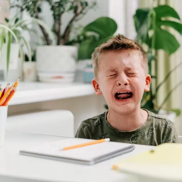 Ein junger Schüler weint vor seinen Hausaufgaben. Das Kind hat ADHS, was das Lernen schwerer und frustrierender macht. Mit den richtigen Methoden, kann der Alltag aber dennoch für dein Kind und auch für dich entspannter werden. Erfahre in meinem Video meh